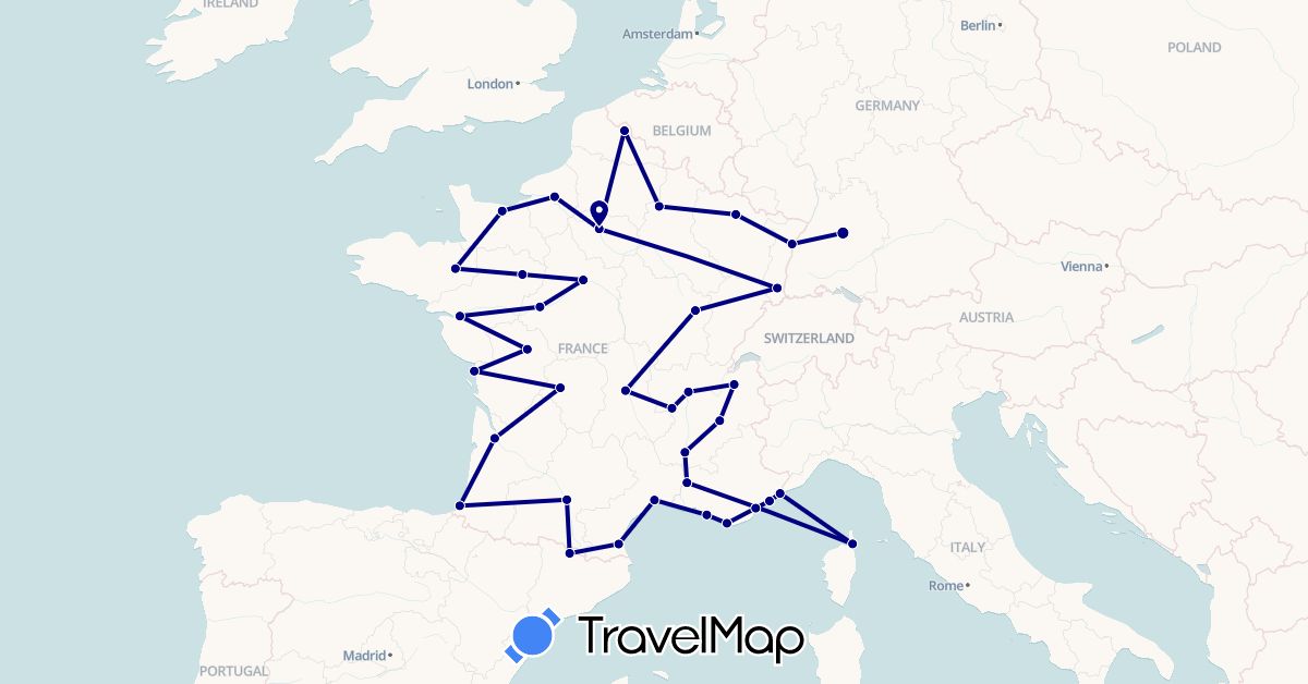 TravelMap itinerary: driving in Andorra, Germany, France, Monaco (Europe)